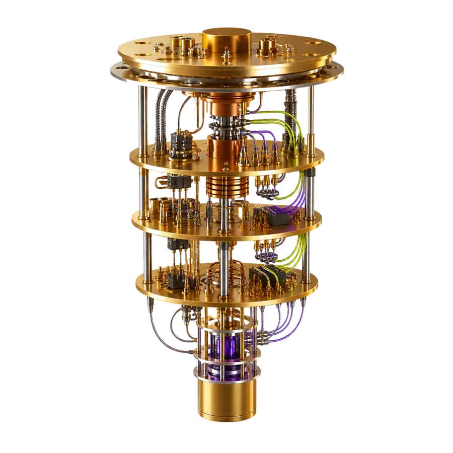 Isometric quantum cryostat artwork in gold, copper, violet, and lime