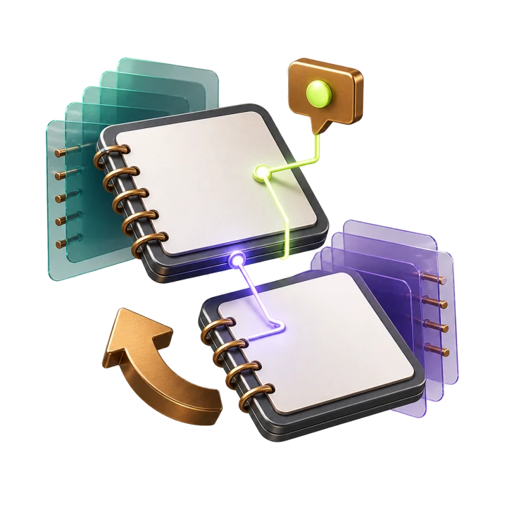 Shared layered notebooks with a comment, connections, and restore arrow