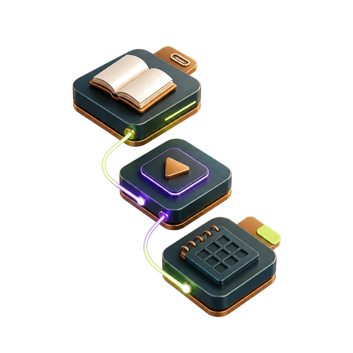 Connected three-dimensional course modules with book, video, notebook, and file elements