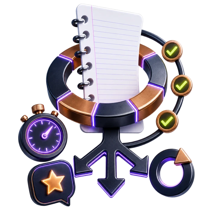 Notebook assessment passing through an evaluation ring with timer, checks, feedback, and retry paths