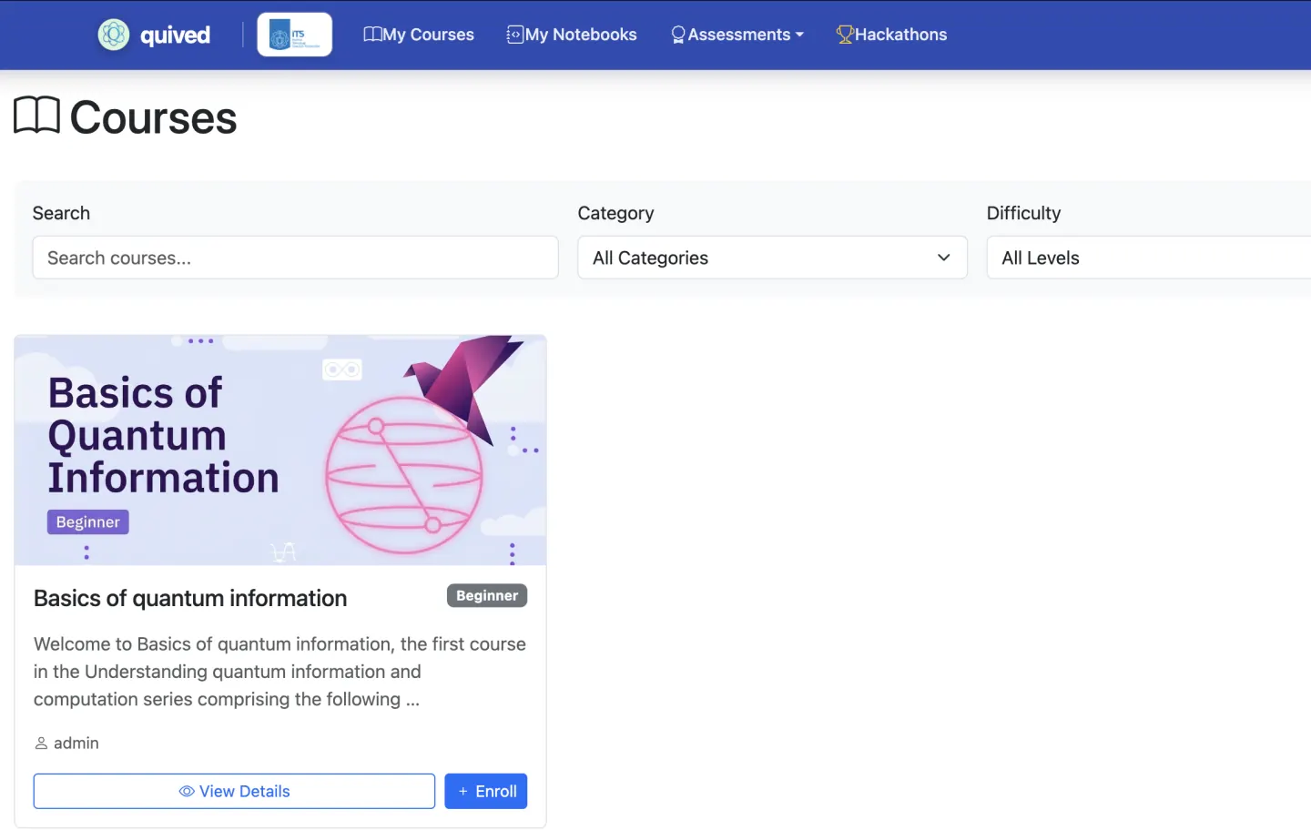 Quived course catalog showing search, category and difficulty filters, and a Basics of quantum information course