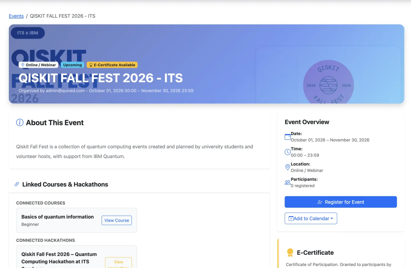 Quived event detail page showing Qiskit Fall Fest 2026 dates, linked learning activities, registration, Add to Calendar, and e-certificate information