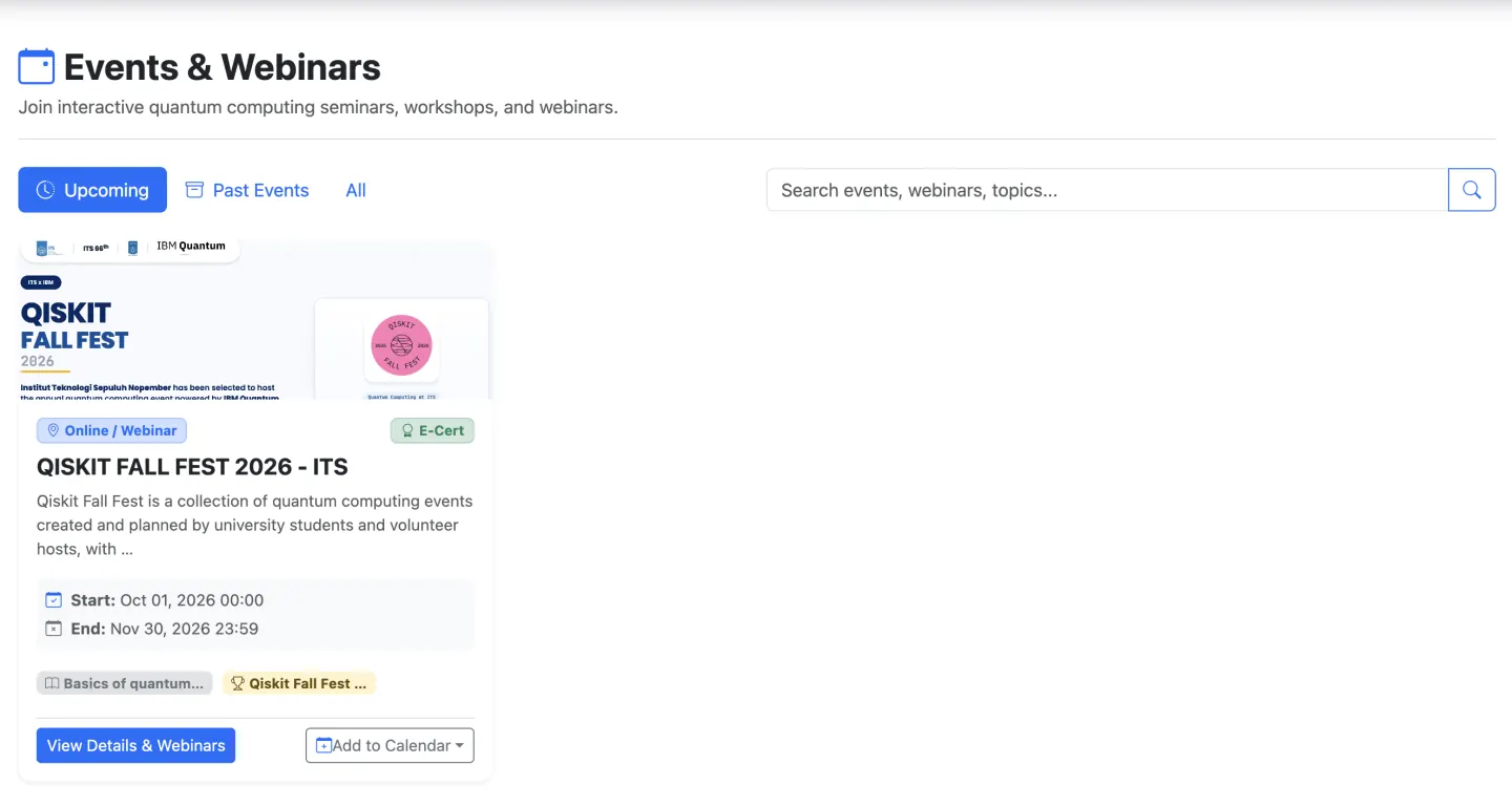 Quived Events and Webinars page showing search, upcoming and past filters, course and hackathon links, e-certificate availability, and Add to Calendar
