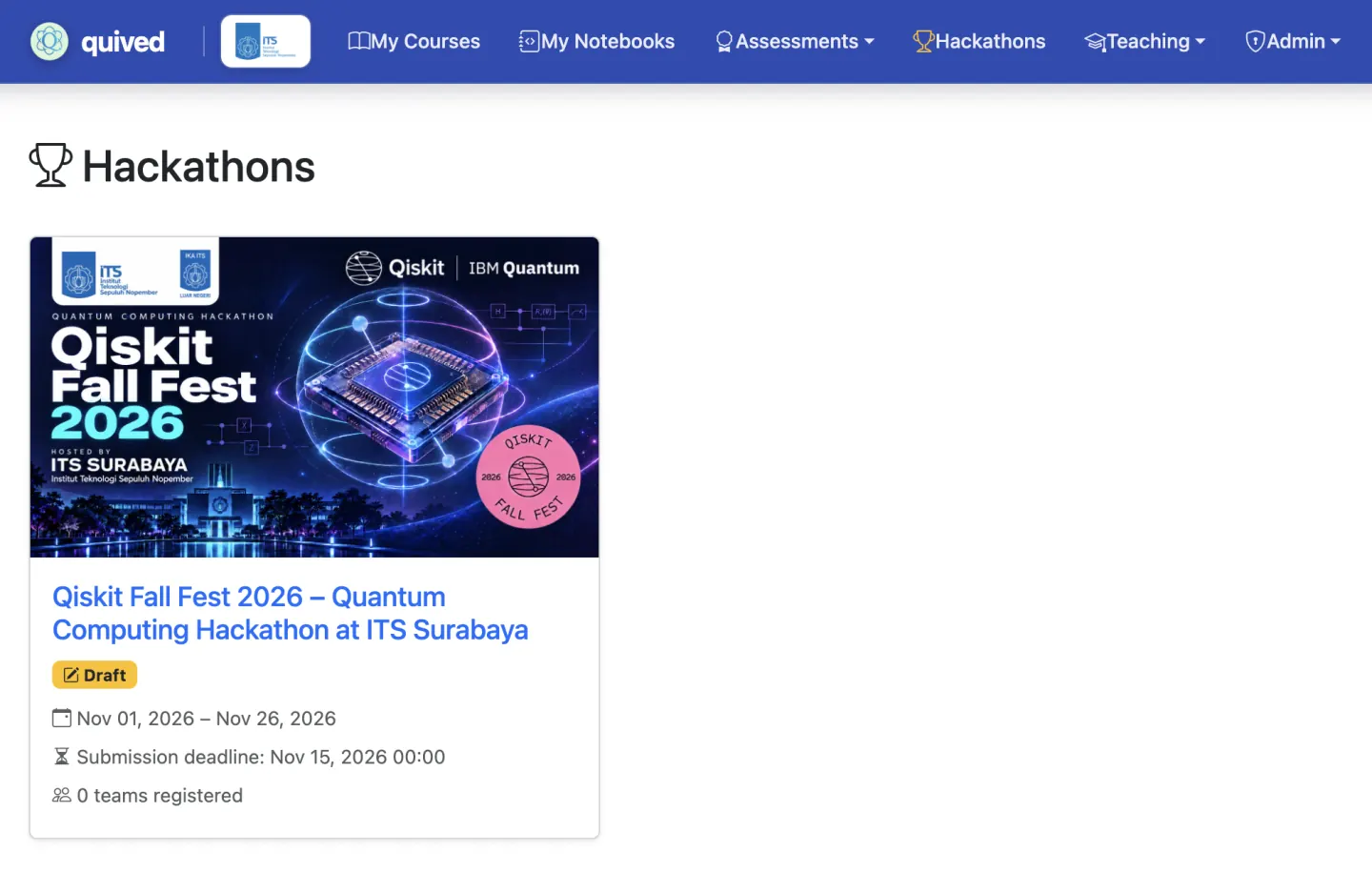 Quived hackathons page showing the Qiskit Fall Fest 2026 quantum computing hackathon at ITS Surabaya