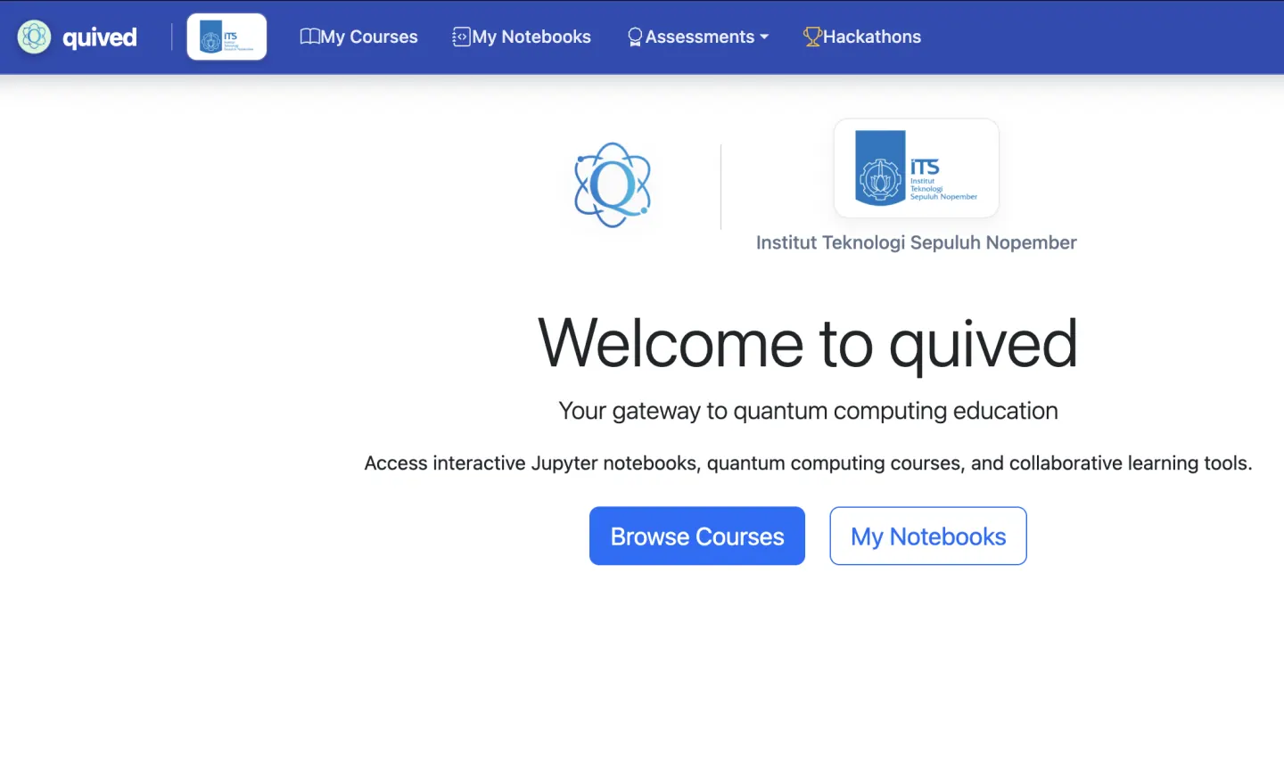 Quived institution home showing ITS branding and navigation for courses, notebooks, assessments, and hackathons
