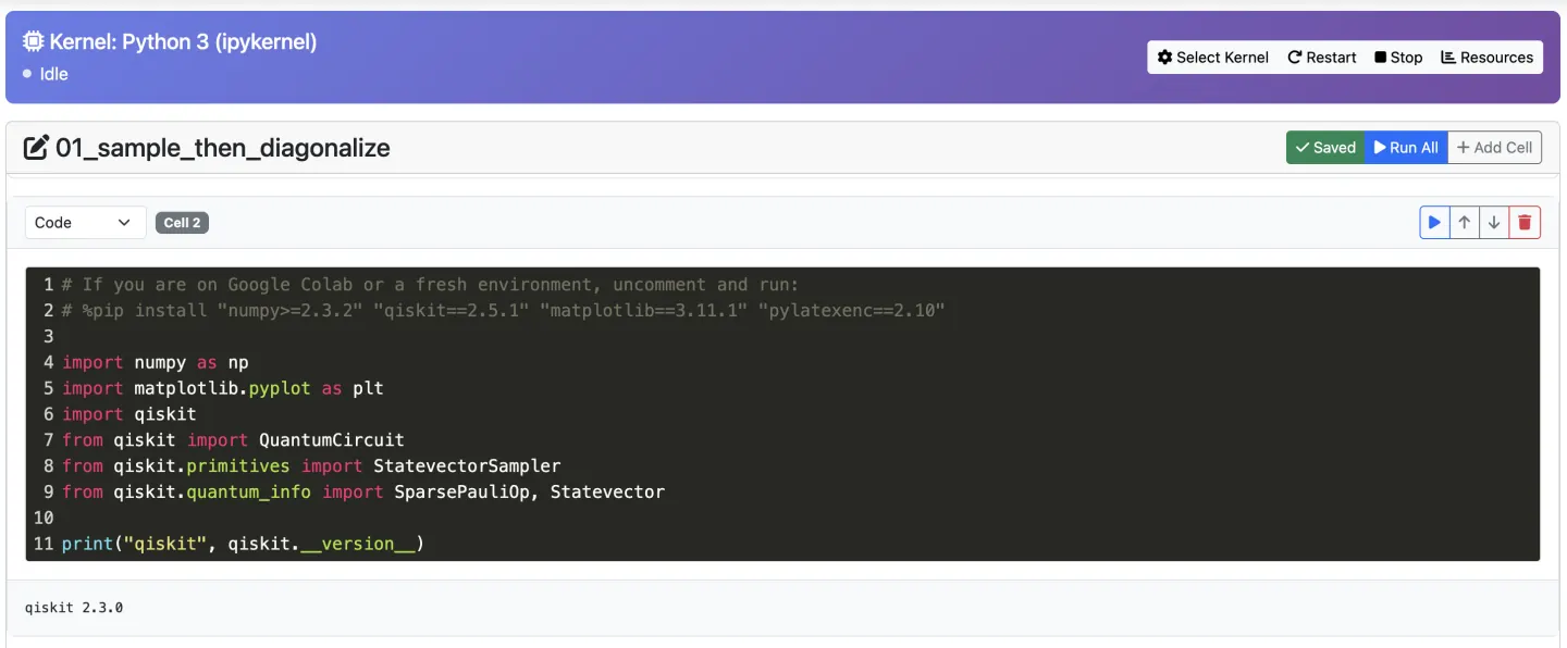 Quived embedded notebook showing a live Python kernel, Qiskit imports, saved status, and execution controls